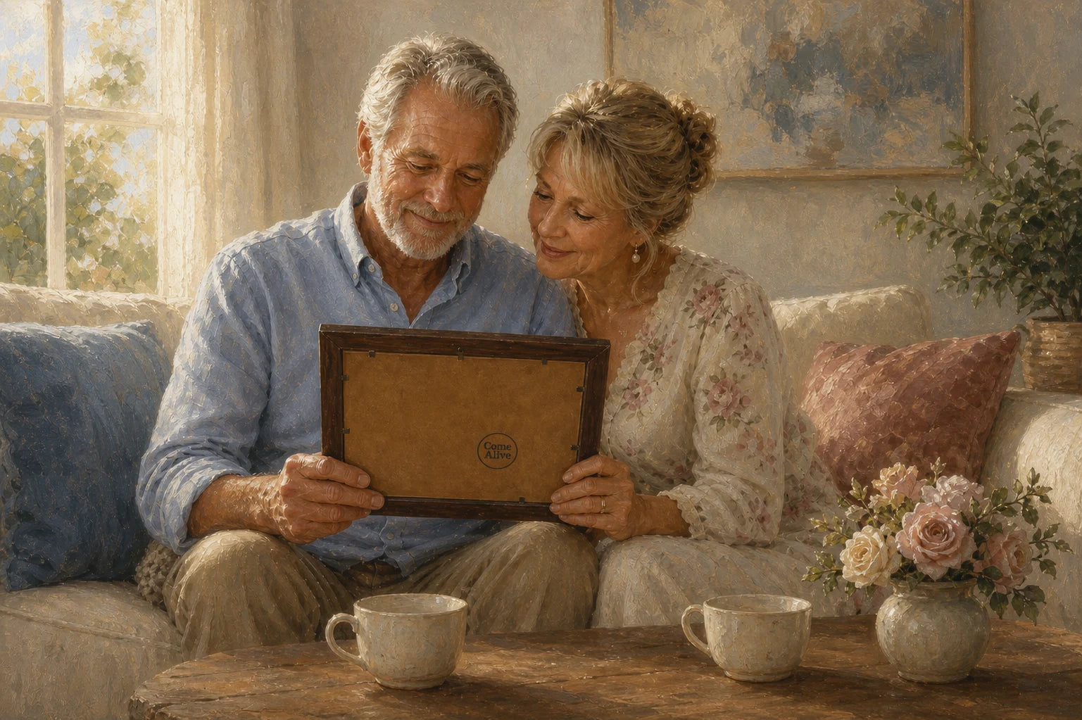 A couple sharing a personalised anniversary gift