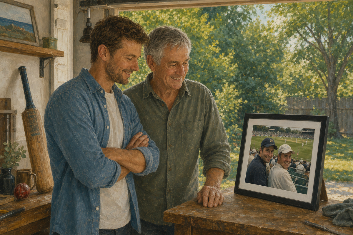 Father and son looking together at the front of a framed cricket memory