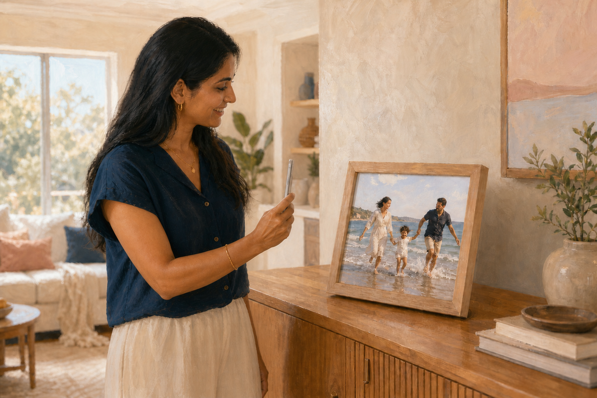 A woman aiming her phone camera at the front of a Come Alive frame while viewing the phone screen