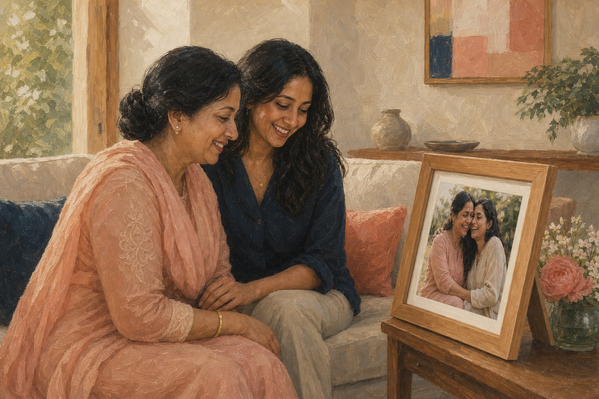 Mother and daughter looking together at the front of a Come Alive frame