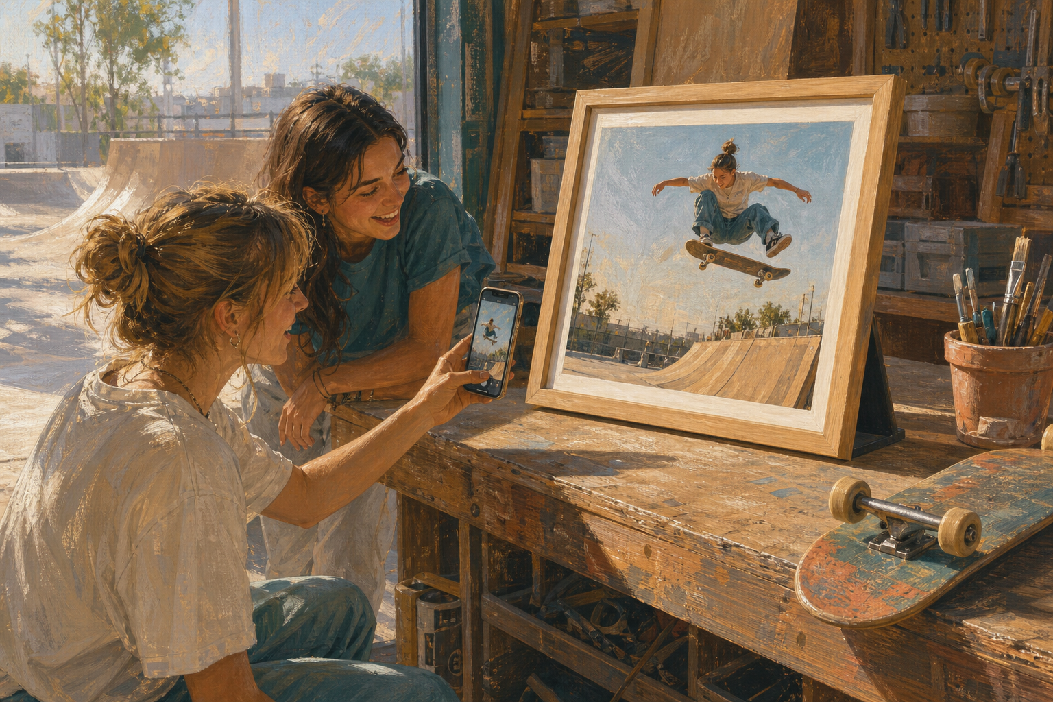 Skateboarder viewing a framed photograph of their own aerial stunt