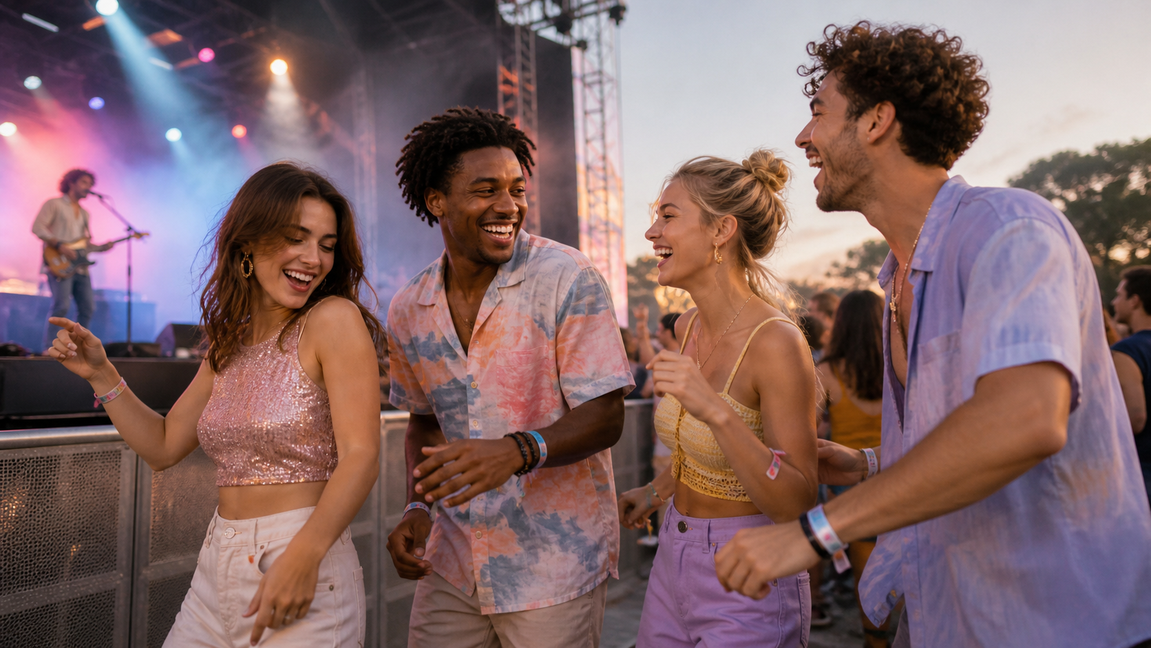 Friends dancing beside the stage at an outdoor music concert