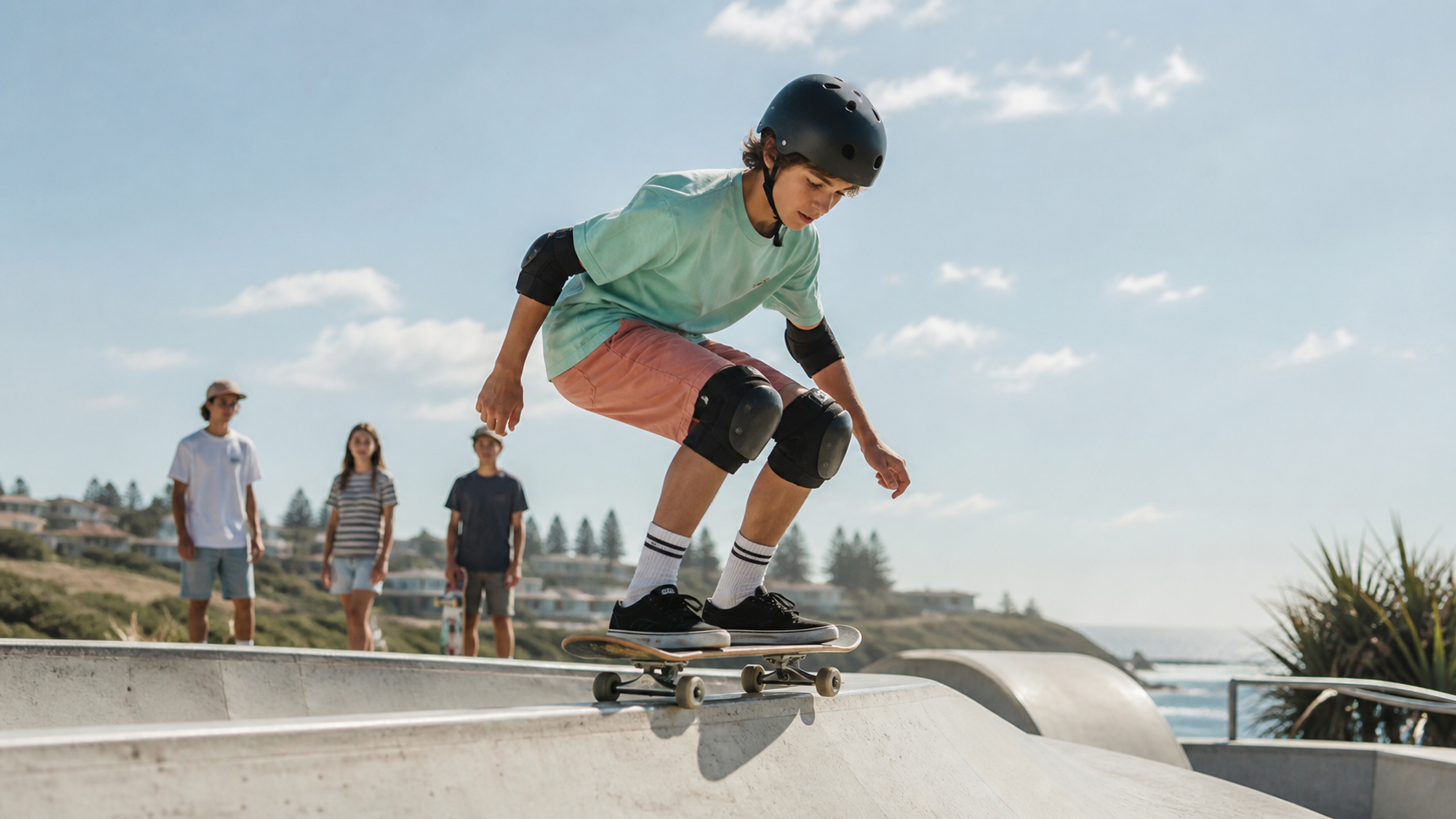 A teenage skateboarder preparing to launch from a concrete ramp