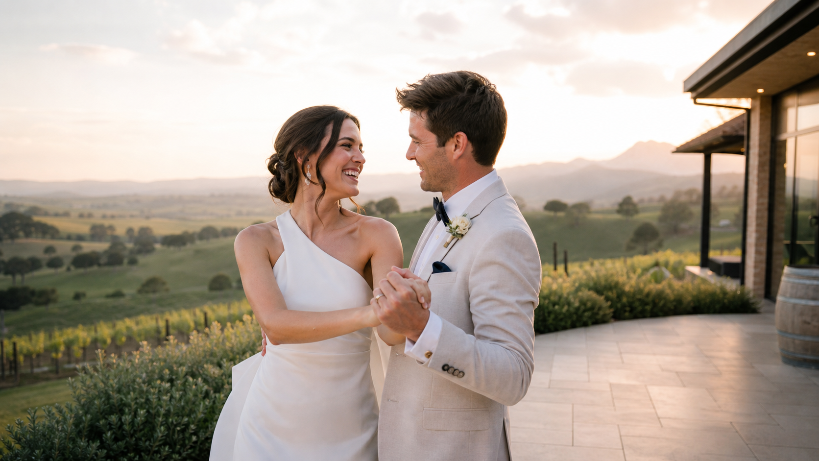 A newly married couple sharing their first dance at a Yarra Valley winery