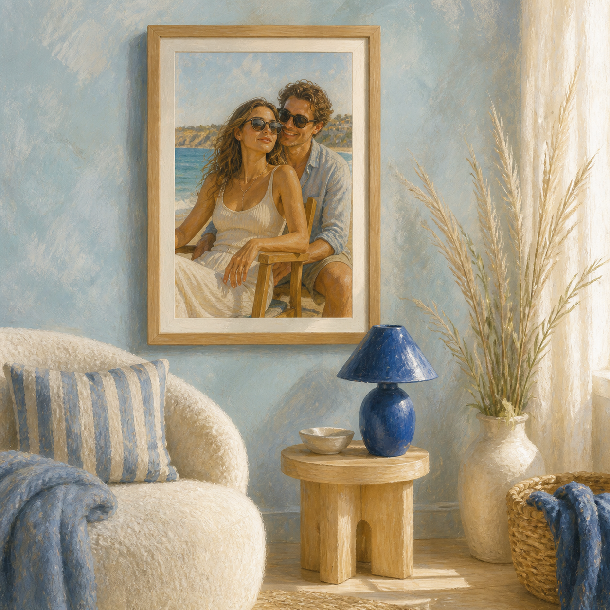 Portrait frame showing a modern couple in a classic pose at the beach