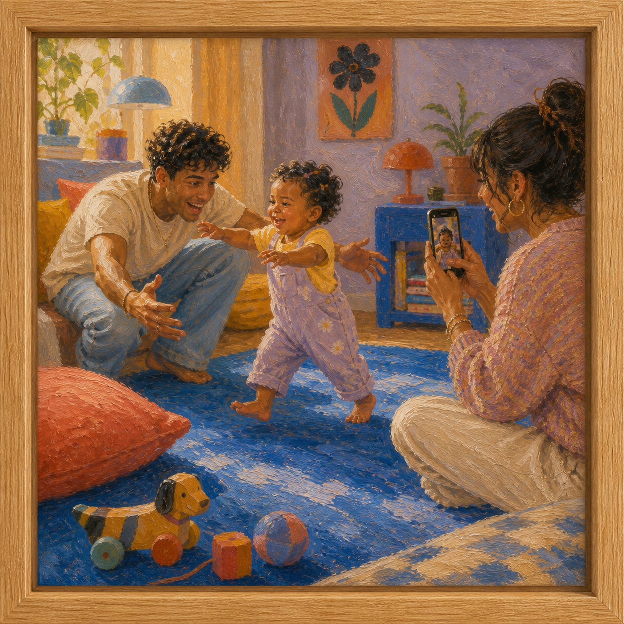 A baby's first steps captured as a framed memory