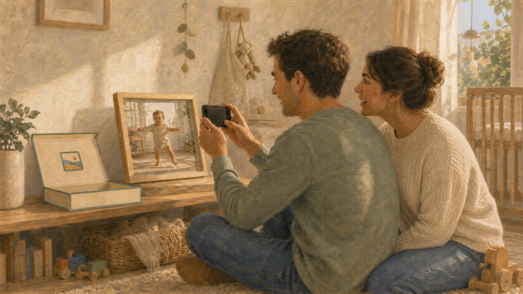Parents reliving their baby's first steps through a framed memory