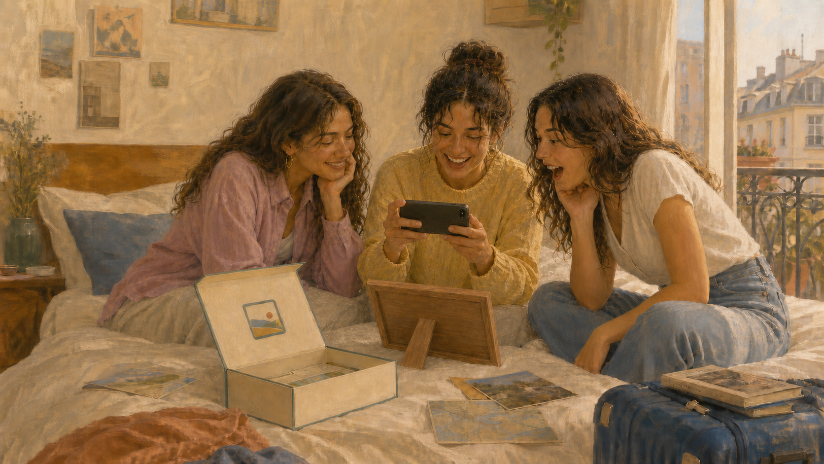 Three friends reliving a Europe trip through a framed memory