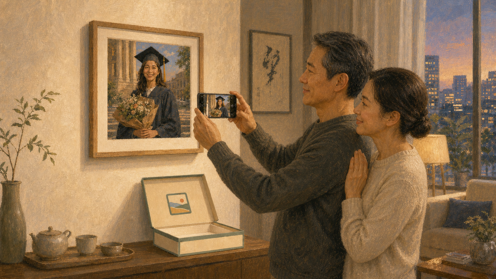 Parents reliving their daughter's graduation through a framed memory