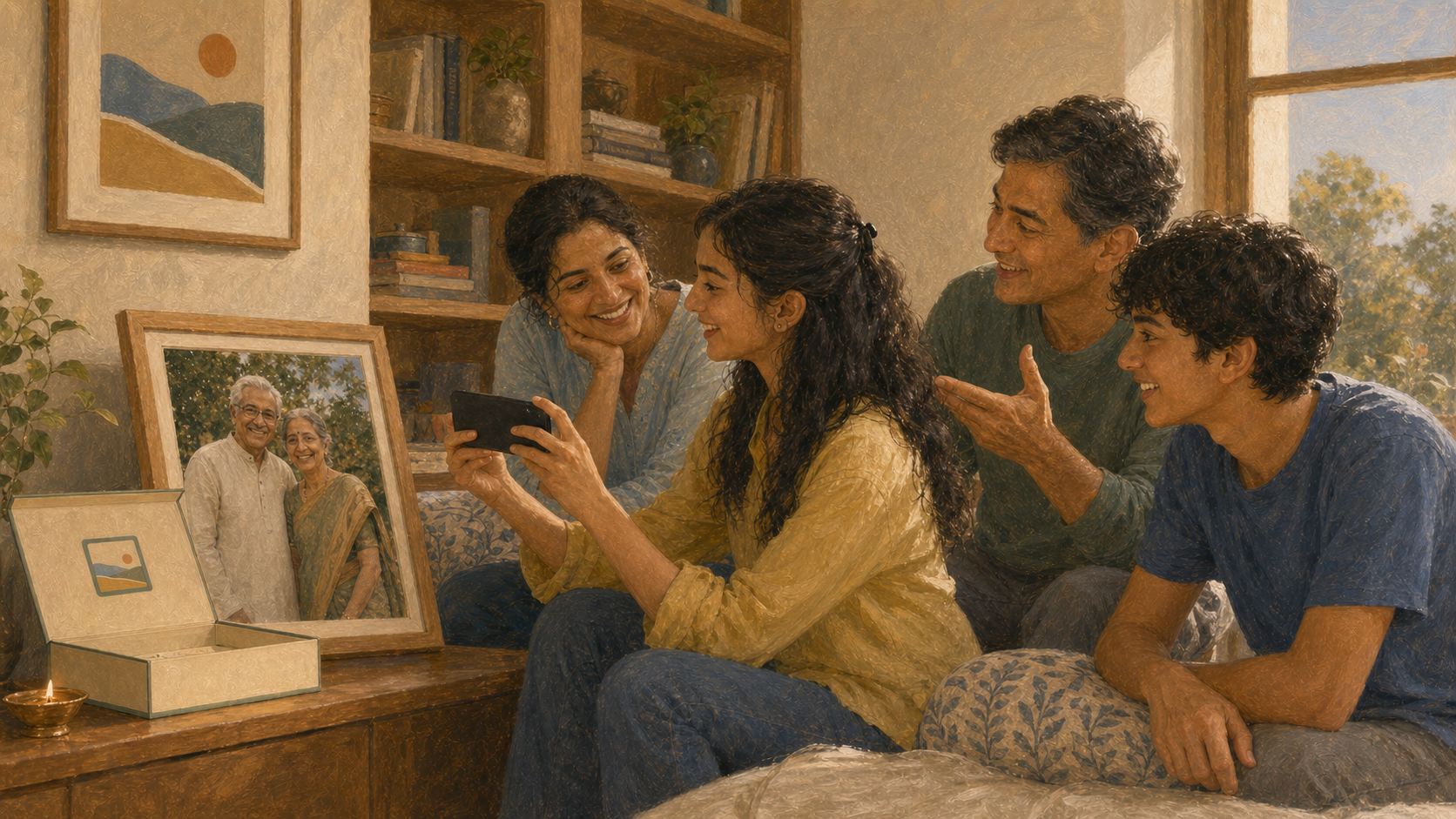A family reliving cherished memories of their grandparents