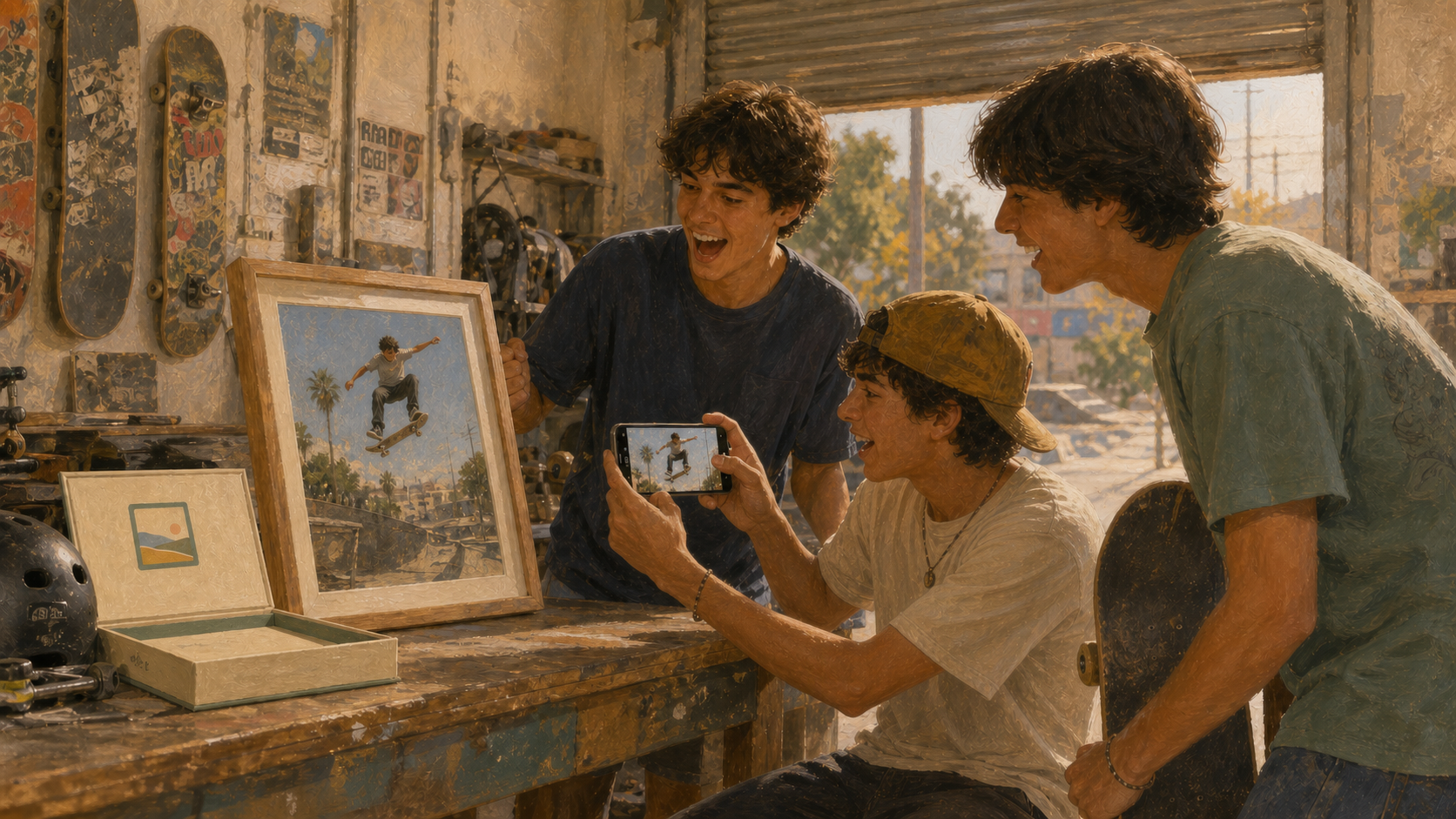 Young skateboarders reliving a favourite stunt through a framed memory