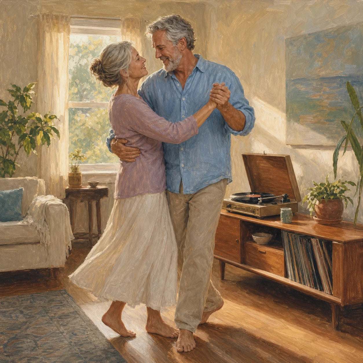 A couple dancing together in their sunlit living room