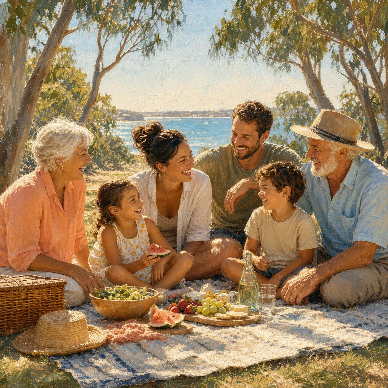 A multigenerational Australian family sharing a coastal picnic