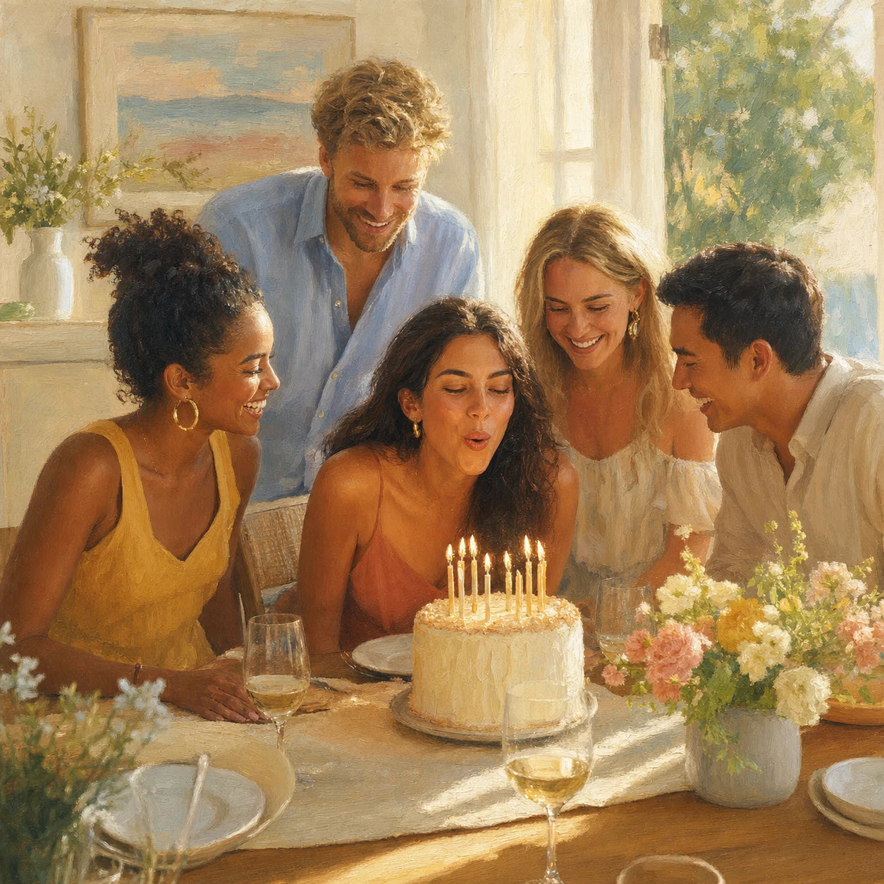 Friends laughing together as birthday candles are blown out