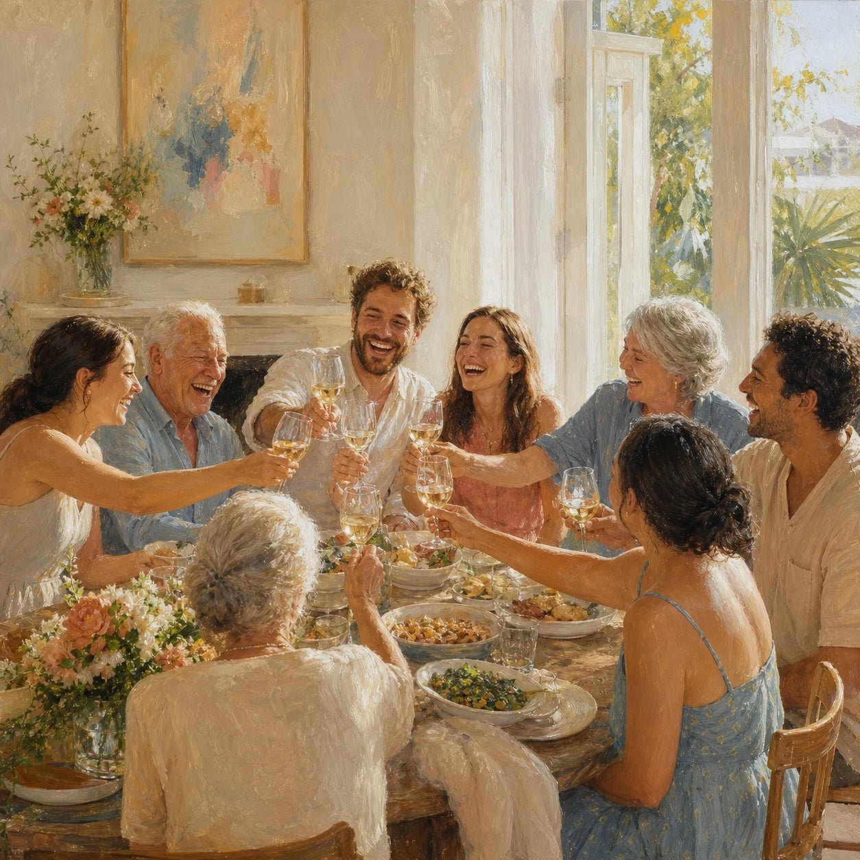 Family and friends sharing a joyful toast around the table