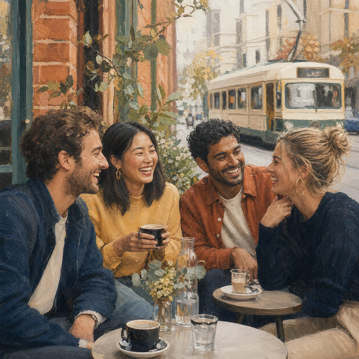 Friends laughing together at a Melbourne laneway cafe