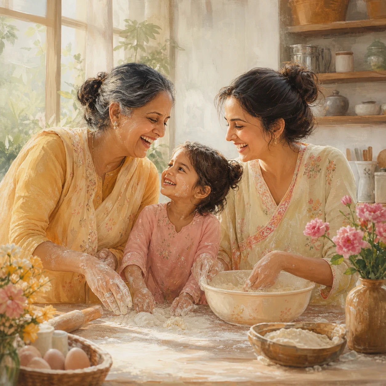 Three generations of women laughing while cooking together