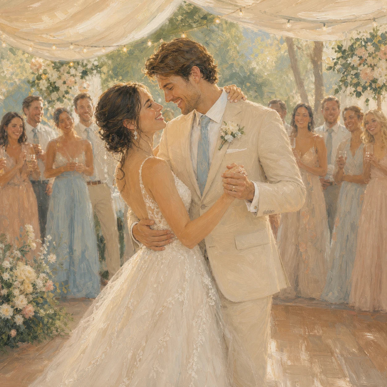 Newlyweds sharing their first dance surrounded by loved ones