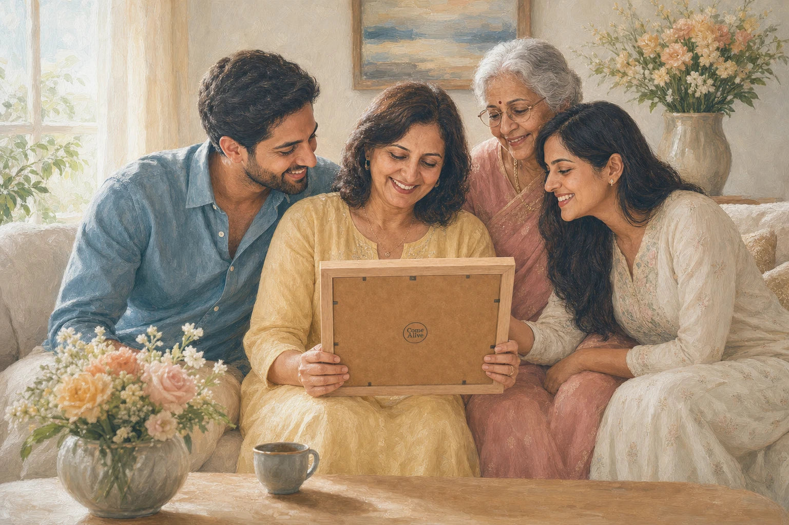A mother opening a meaningful framed family memory