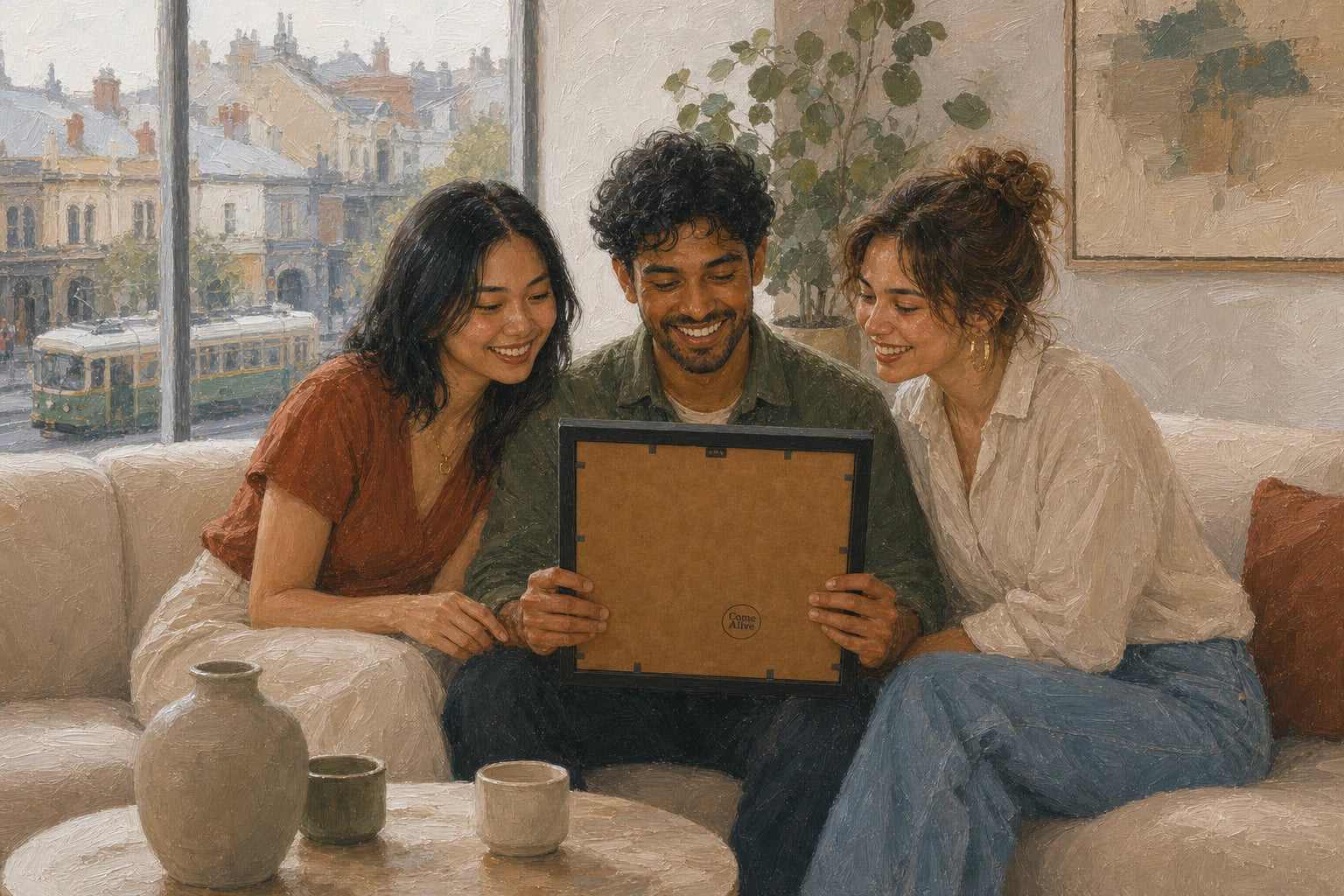 Friends sharing a personalised gift in a Melbourne home