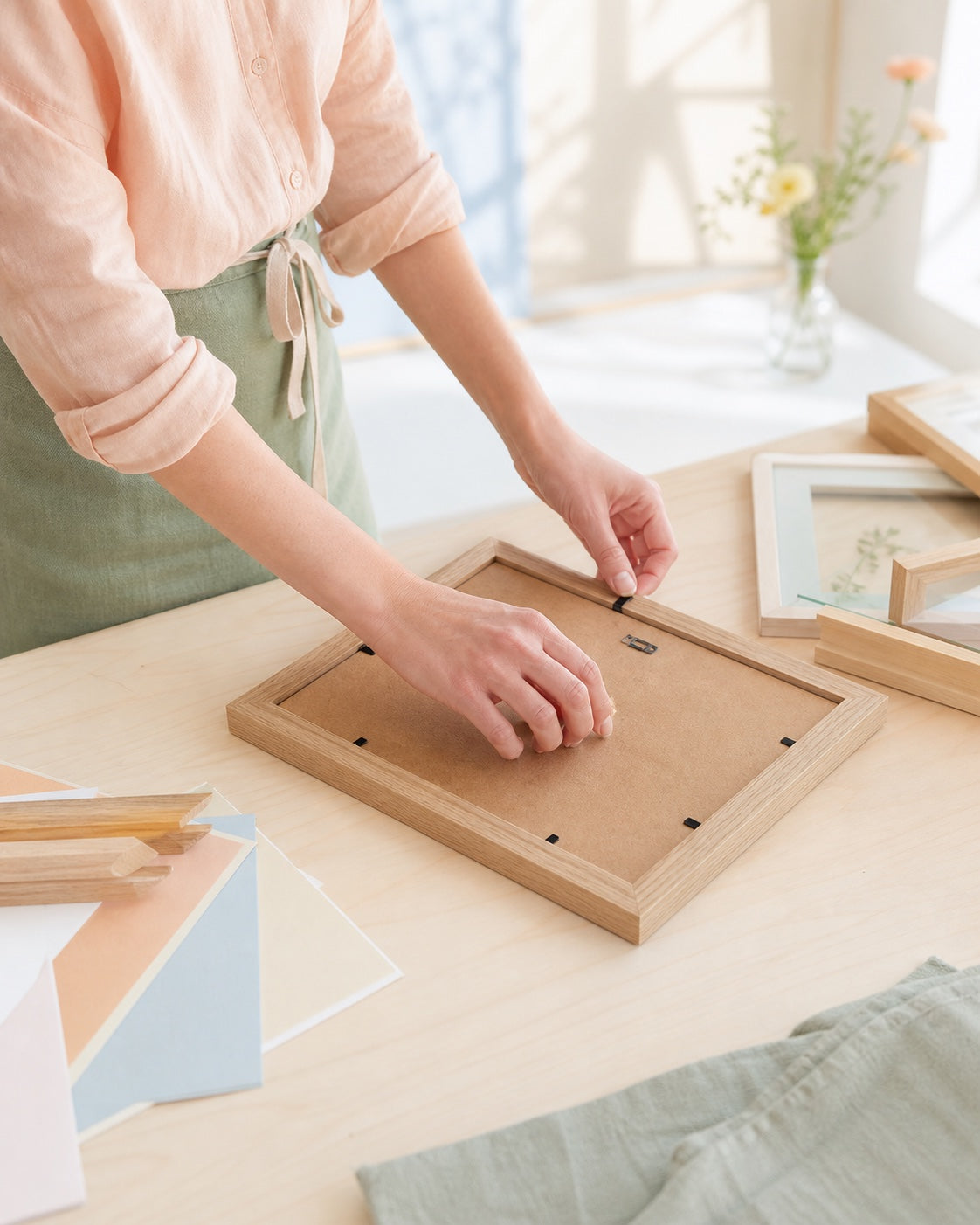 Hands securing the backing of a natural oak photo frame beside pastel frame samples