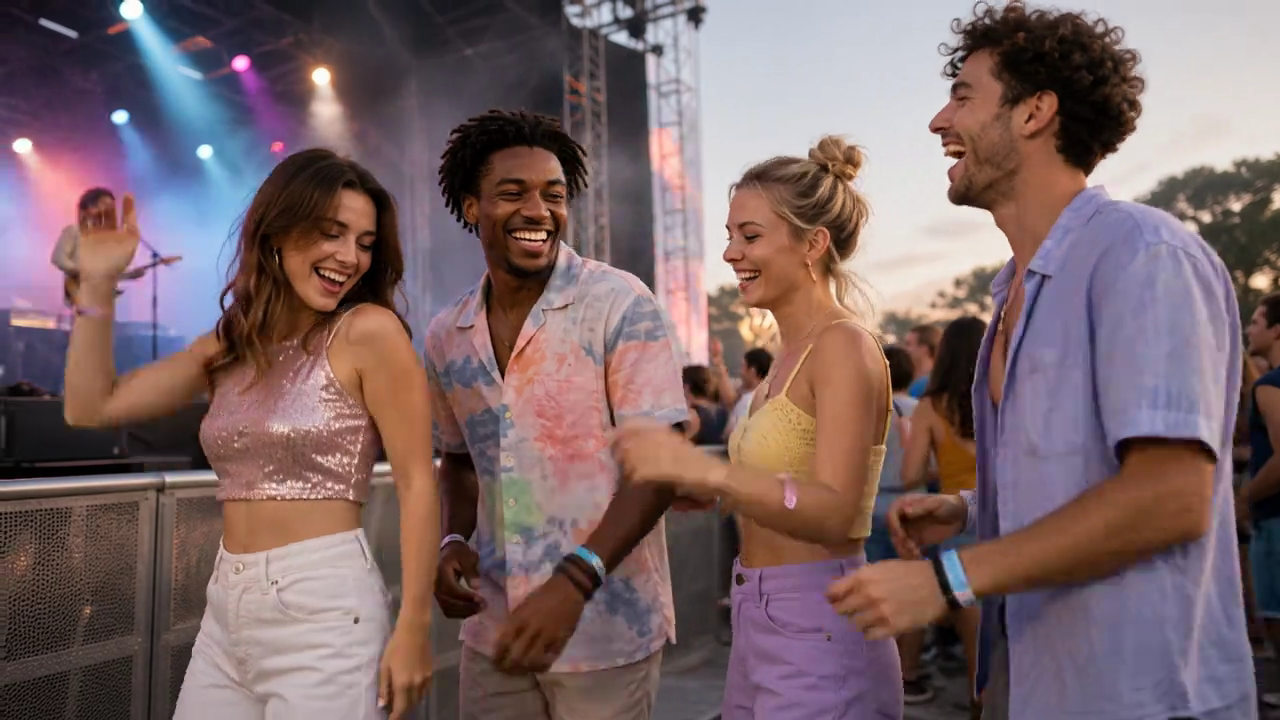 Friends dancing beside the stage at an outdoor music concert