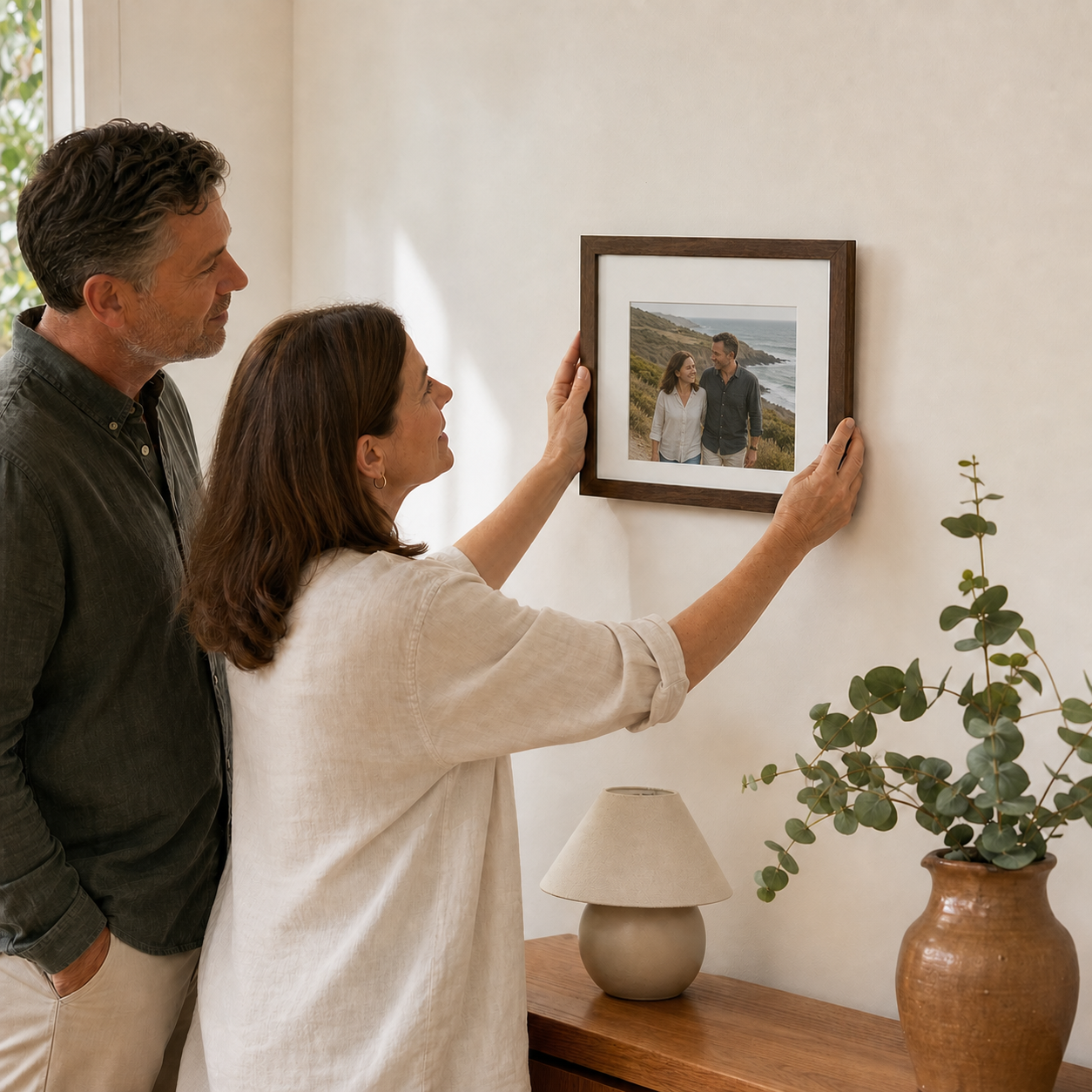 A couple hanging a landscape dark-wood photograph of themselves at home