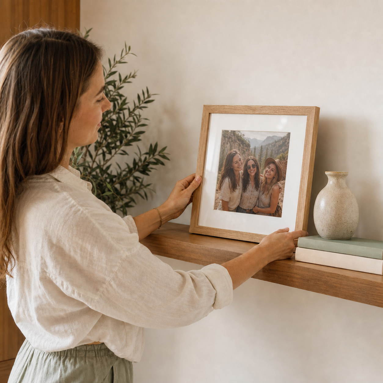 A woman placing a square natural-oak photo frame on a shelf