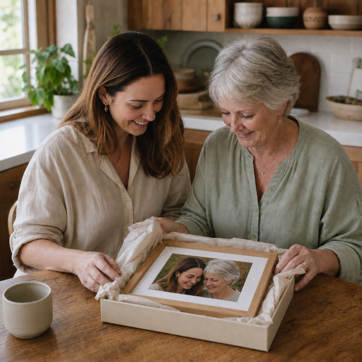 A mother and daughter opening a framed photograph of themselves