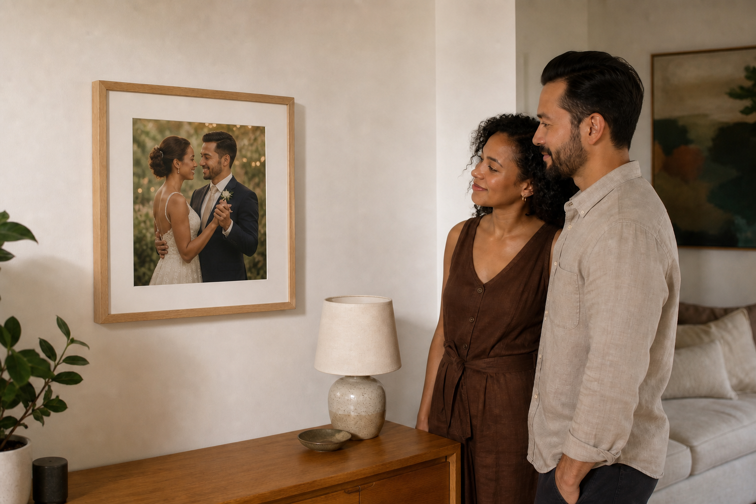 A couple looking at their framed wedding photograph at home