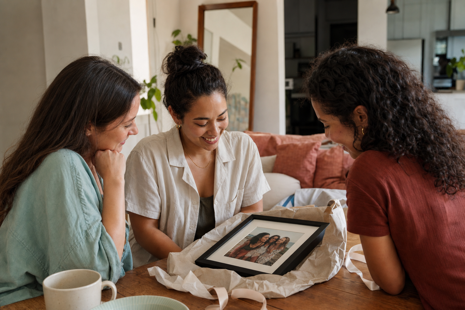 Three friends looking at their framed birthday photograph resting in its wrapping