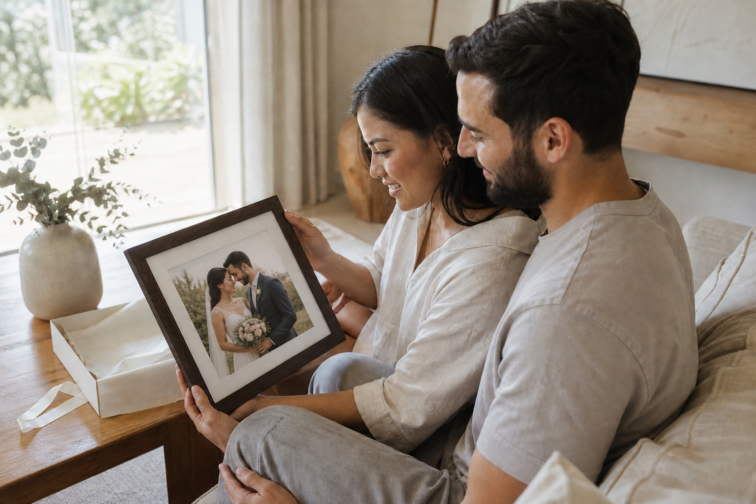 Newlyweds looking at their framed wedding photograph